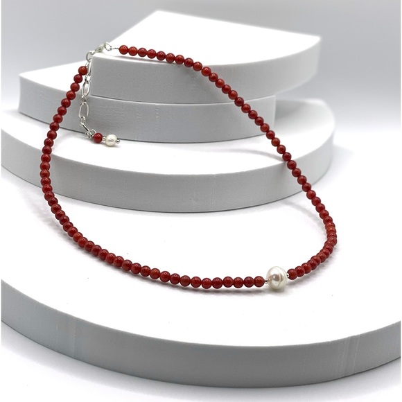 Simple but Beautiful Red Coral and Genuine Pearl Necklace - Picture 6 of 14